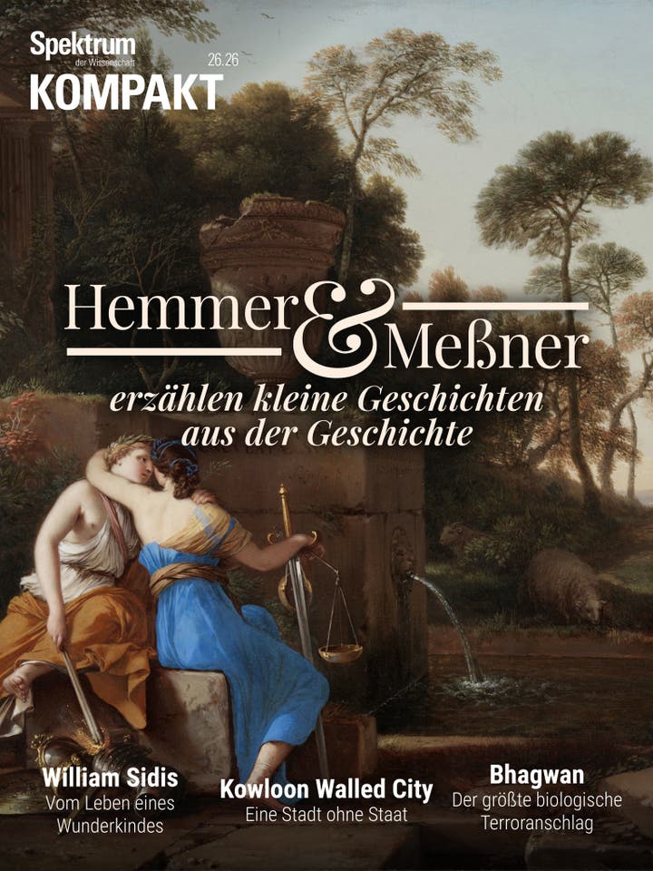 Titelbild des Magazins "Spektrum der Wissenschaft KOMPAKT" mit der Ausgabe 26.26. Im Vordergrund ist ein klassisches Gem&auml;lde zu sehen, das zwei Frauen in antiker Kleidung zeigt, die an einem Brunnen sitzen. Im Hintergrund sind B&auml;ume und eine Landschaft zu erkennen. Der Text auf dem Bild lautet: "Hemmer & Me&szlig;ner erz&auml;hlen kleine Geschichten aus der Geschichte". Weitere Themen auf dem Cover sind "William Sidis: Vom Leben eines Wunderkindes", "Kowloon Walled City: Eine Stadt ohne Staat" und "Bhagwan: Der gr&ouml;&szlig;te biologische Terroranschlag".